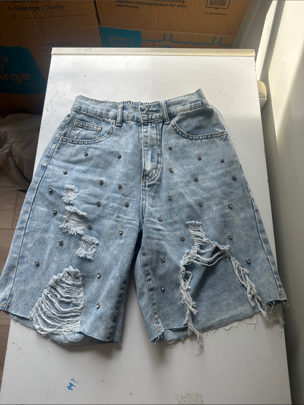 Light Blue Distressed Studded Denim Bermuda Shorts